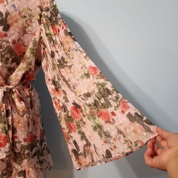 Boohoo Floral Print Belted Skater Dress Pleated Sleeve Size 12 Pink NWT - Picture 5 of 13